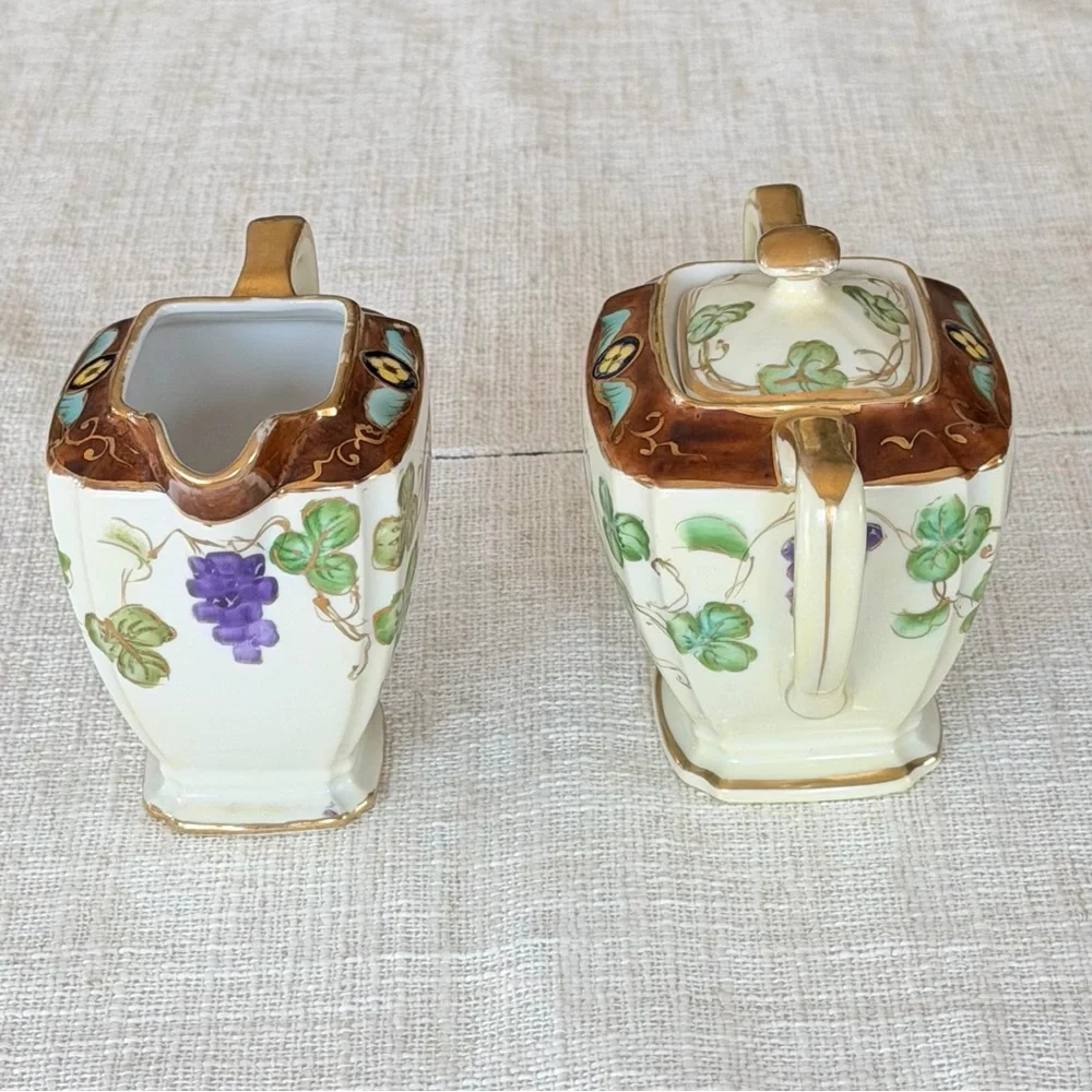 Antique Noritake Hand-Painted Grape Creamer and Sugar Bowl w/Top Set,  apan